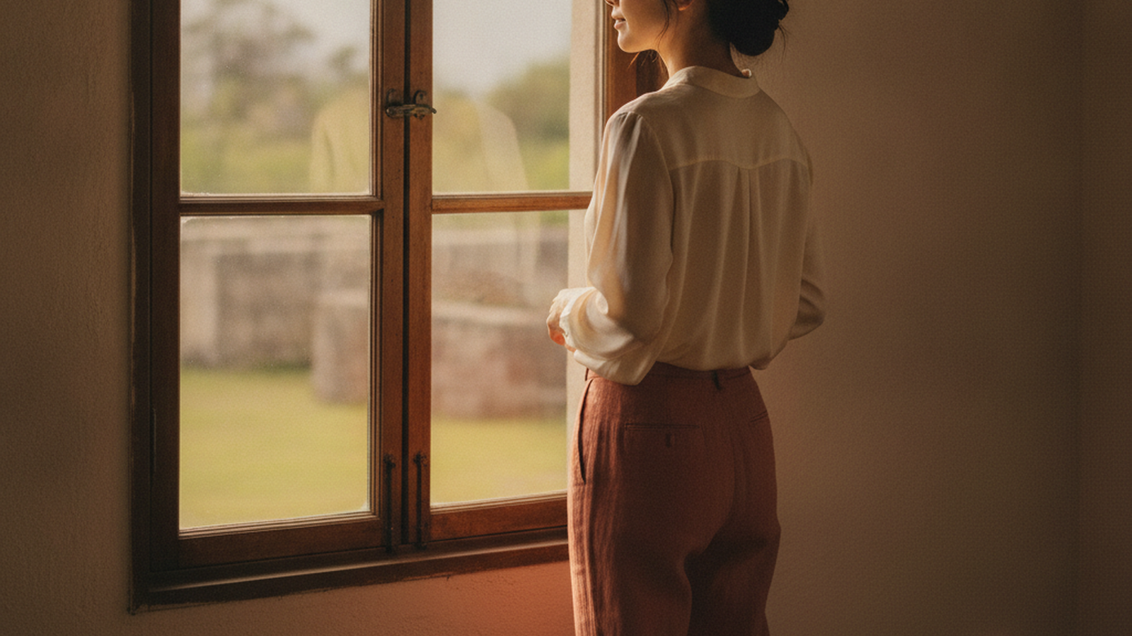 窓辺で落ち着いた表情を浮かべ、これからの人生と向き合う40代の看護師の女性