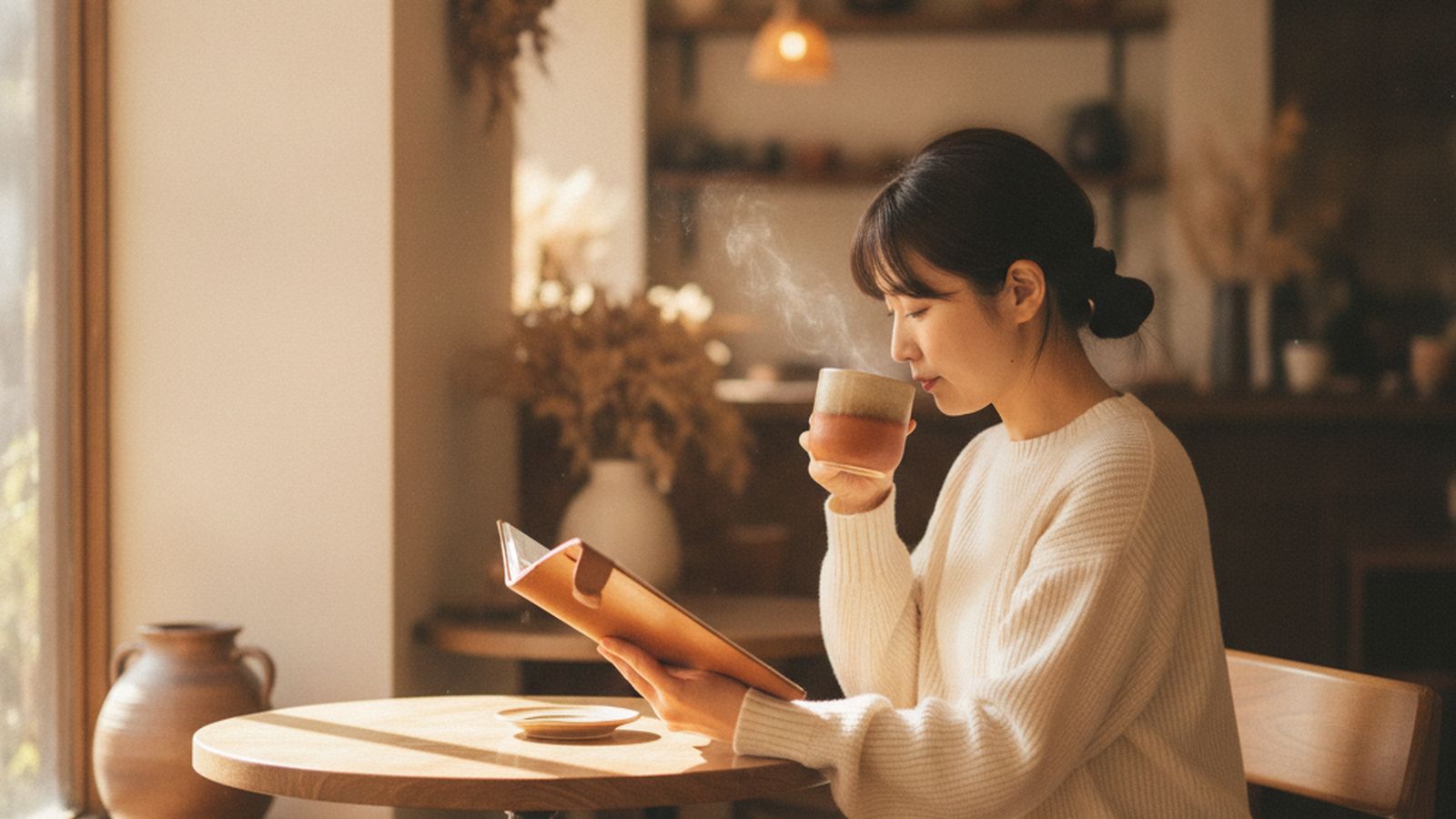 夜勤明けにカフェで一息つく看護師のシーン