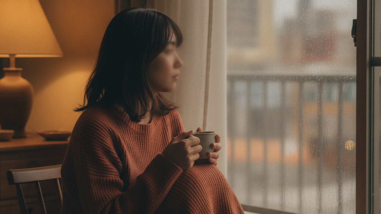 夜勤明けの部屋で、結婚についてひとり静かに考える看護師の女性