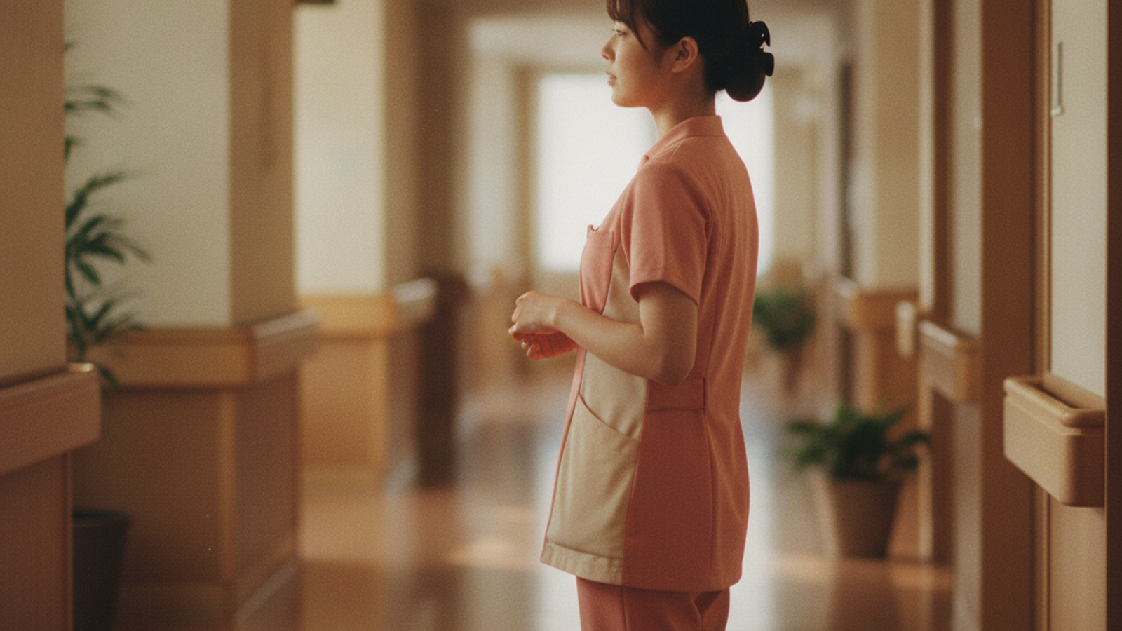 病棟の廊下でふと物思いにふける看護師のシーン