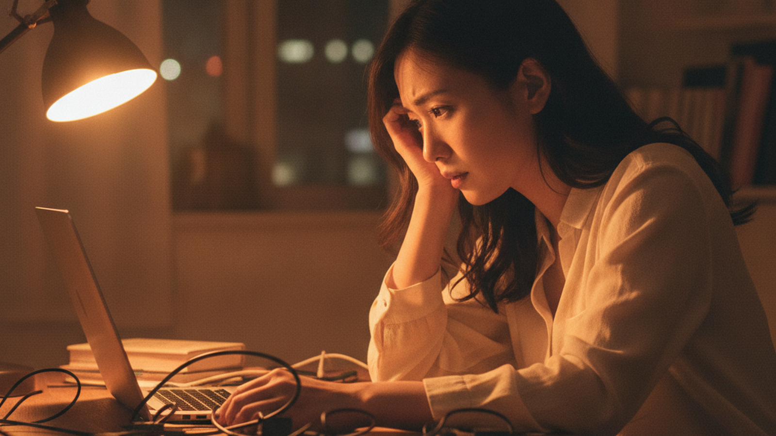 夜勤明けの疲れた表情で、うまくいかない婚活について考え込む看護師の女性