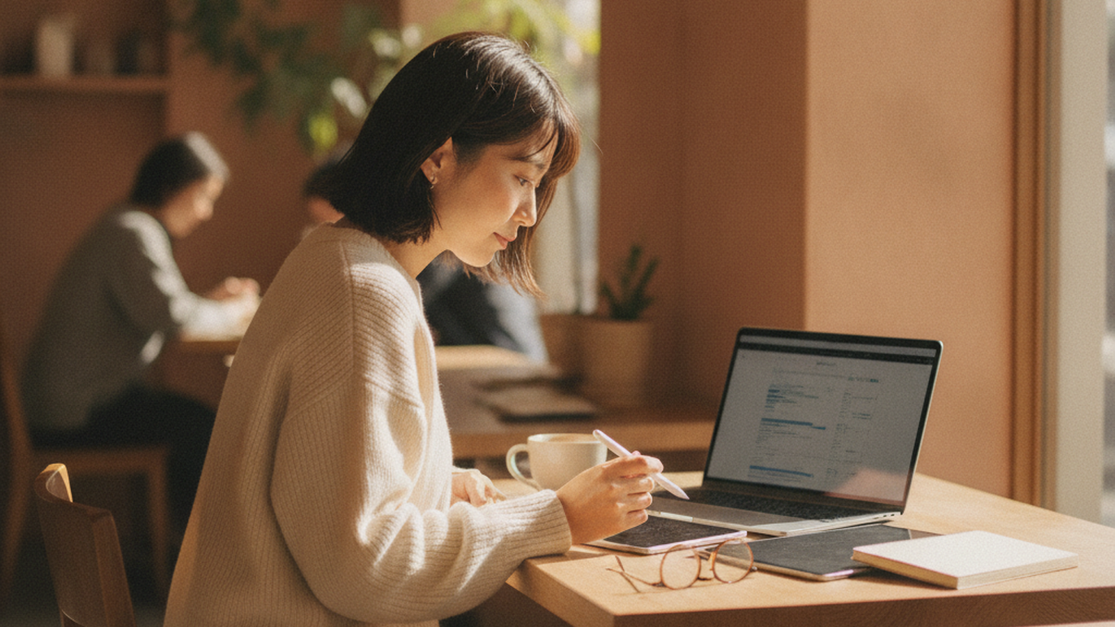 資料を手に将来のことを静かに考える看護師の女性