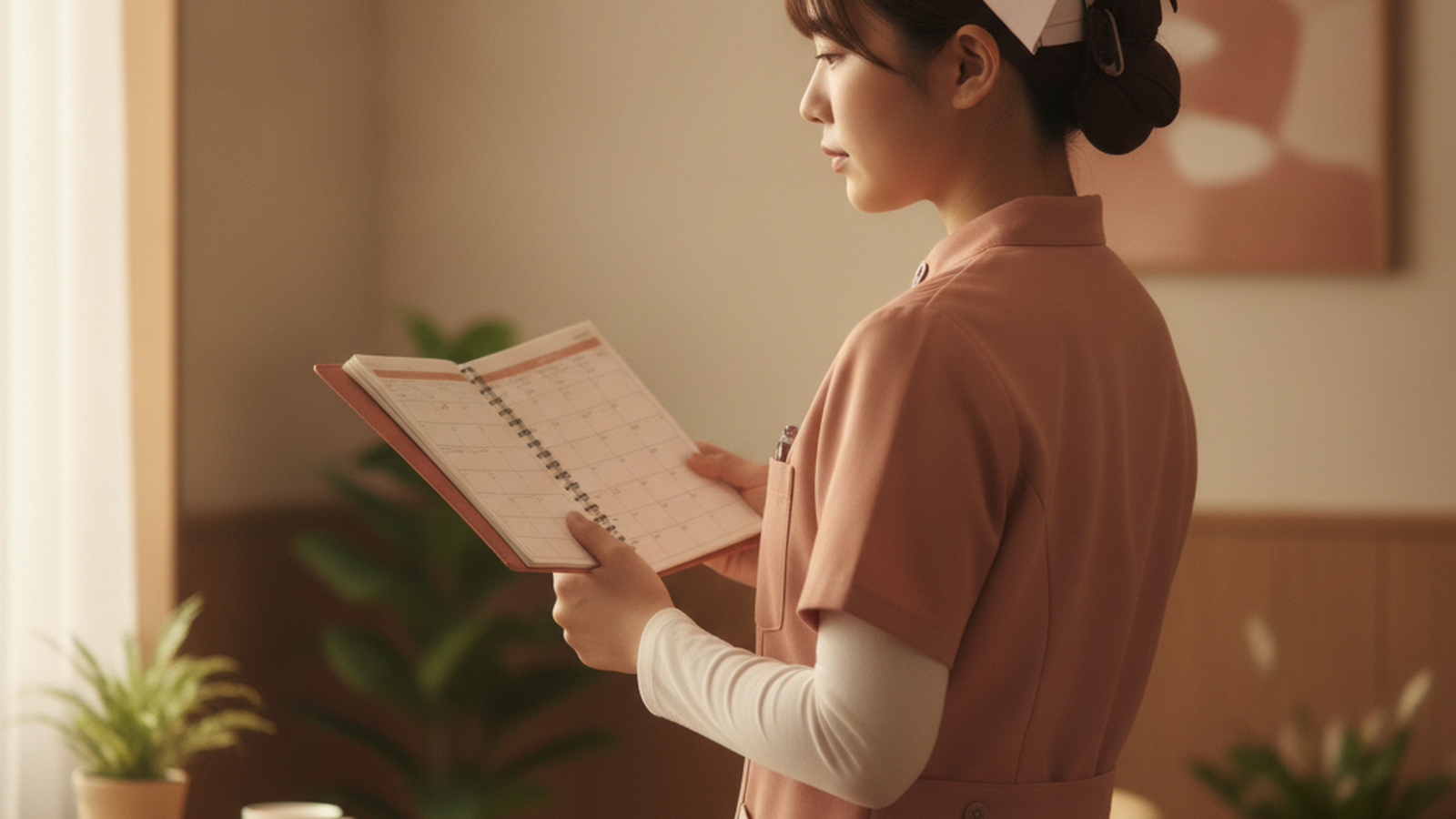 勤務表を見ながらキャリアと結婚のタイミングを考える看護師の女性