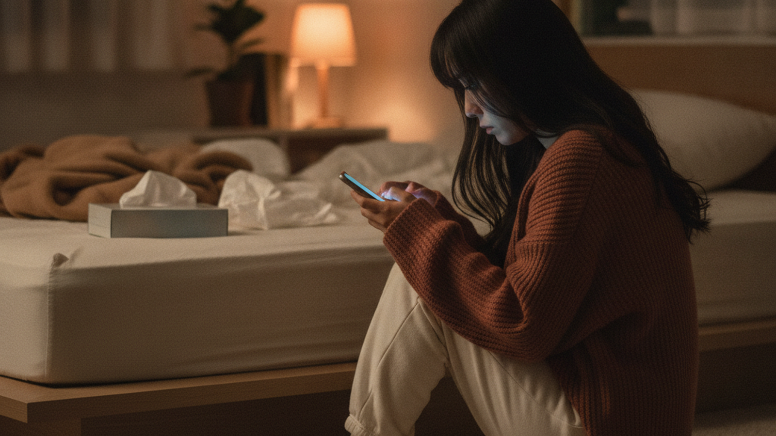 夜、暗い部屋でスマホを手に別れを噛みしめる看護師の女性