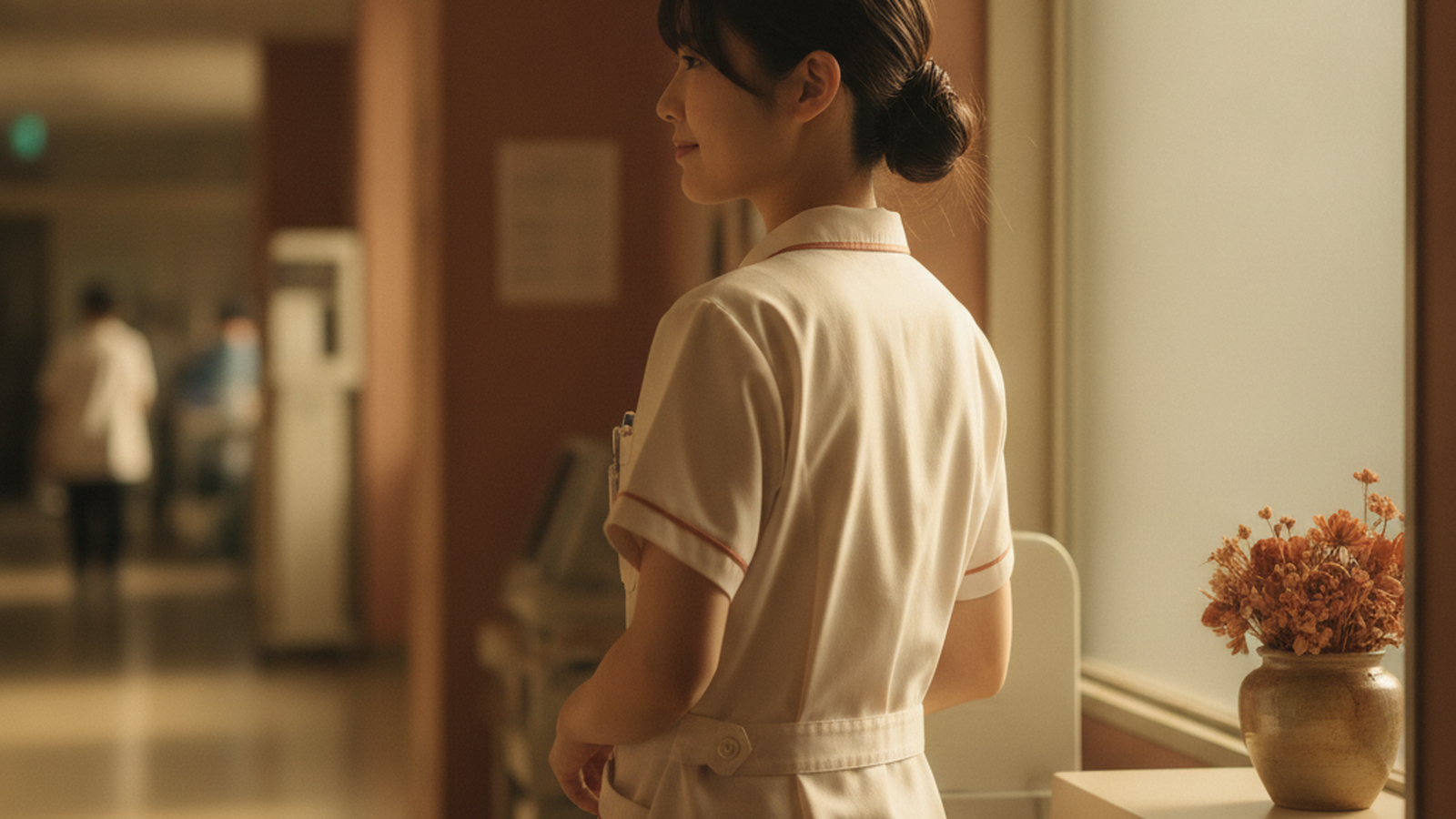 穏やかな表情で前を向く看護師の女性